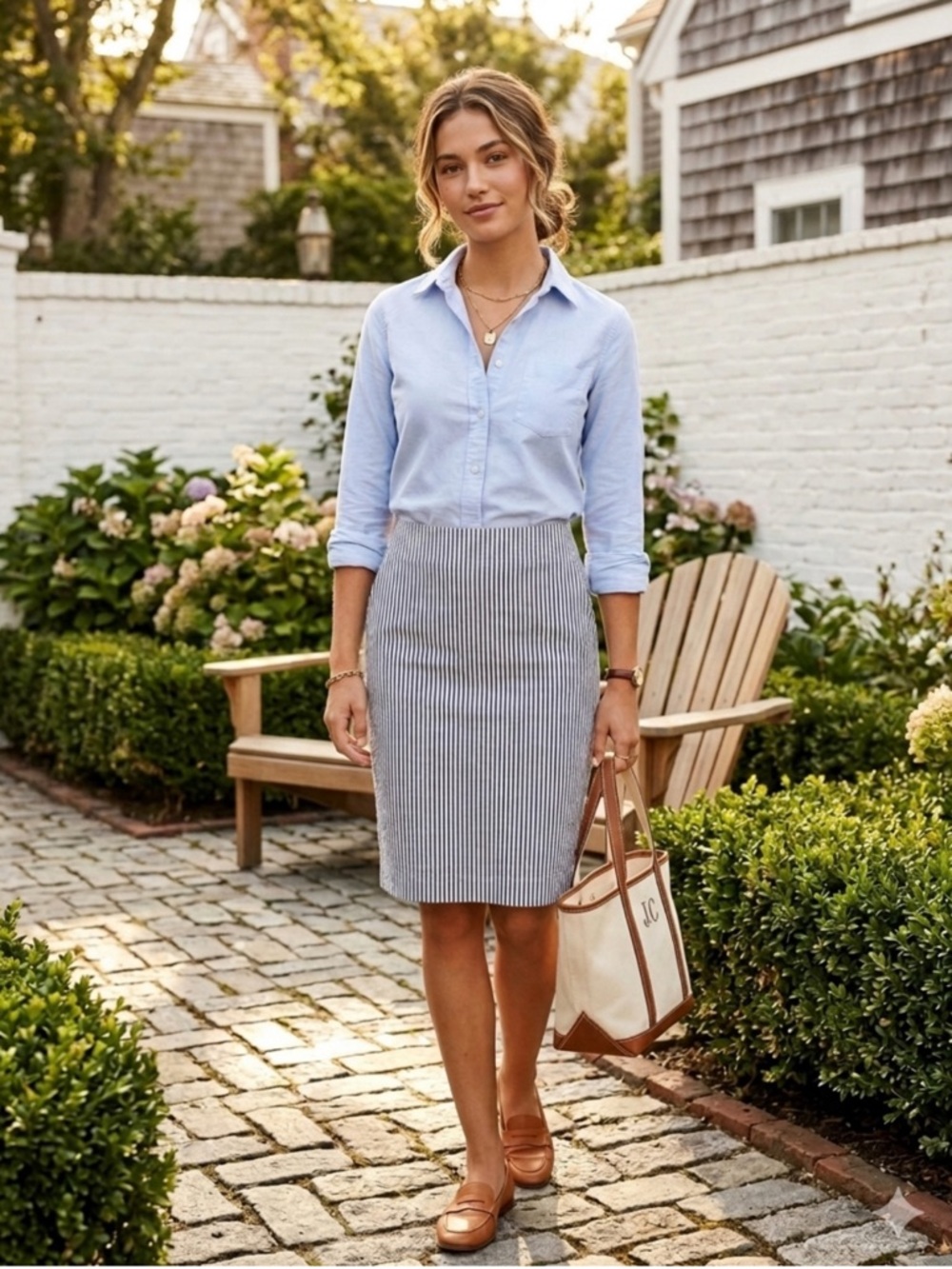 J Crew Classic Seersucker Pencil Skirt 0 Blue White Stripe Exposed Back Zip EUC